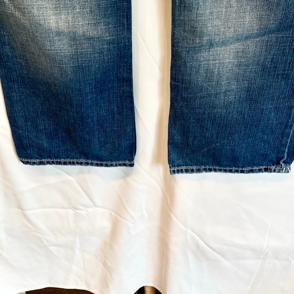 Men's Affliction Blue Distressed Bootcut Jeans w/White Stitching Detail Waist 34